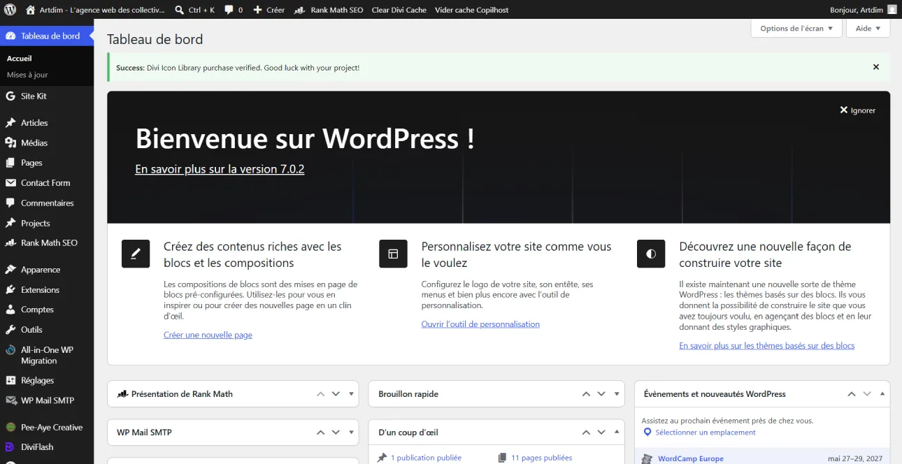 Tableau de bord WordPress d'un site de collectivité territoriale