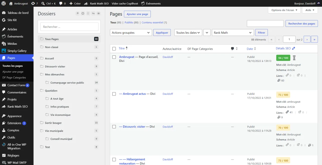 Liste des articles publiés sur le site d'une commune sous WordPress avec suivi SEO Rank Math