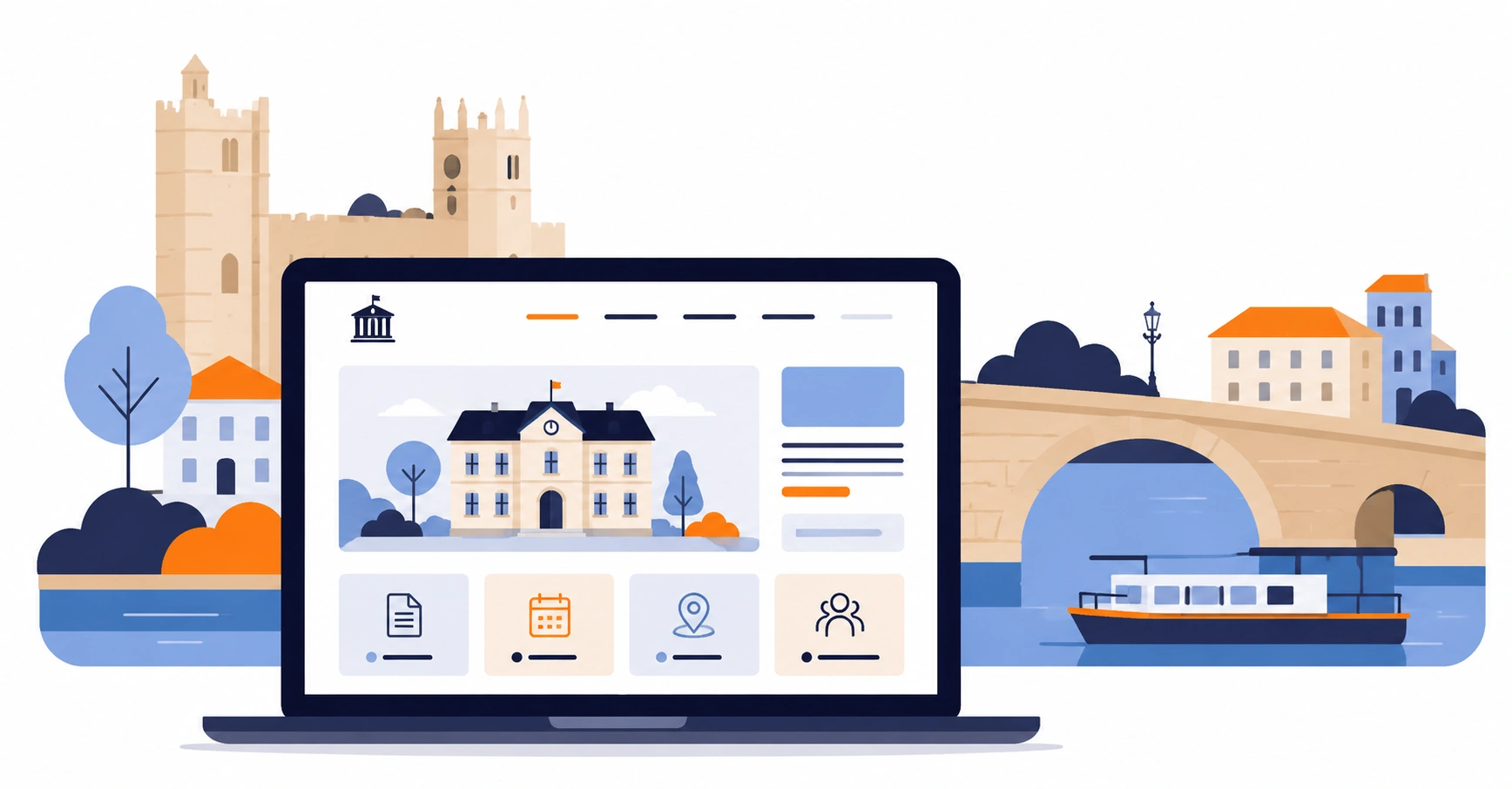 Création de site internet de mairie à Narbonne — illustration d'un site de collectivité avec le canal de la Robine en arrière-plan Création de site internet de mairie à Narbonne — illustration d'un site de collectivité avec le canal de la Robine en arrière-plan